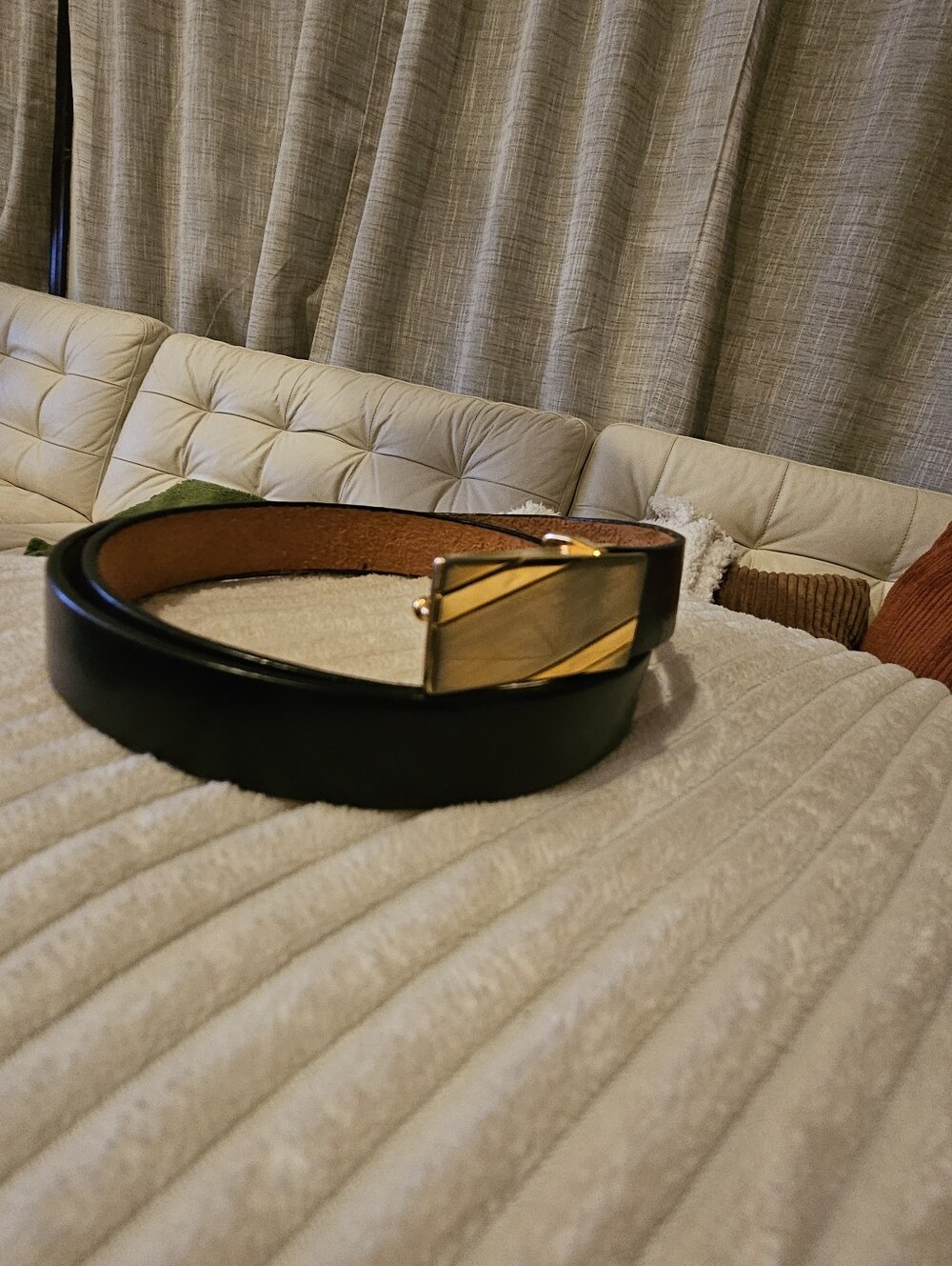 Vintage Italian Men's Black Leather Belt with Gold/silver  Buckle